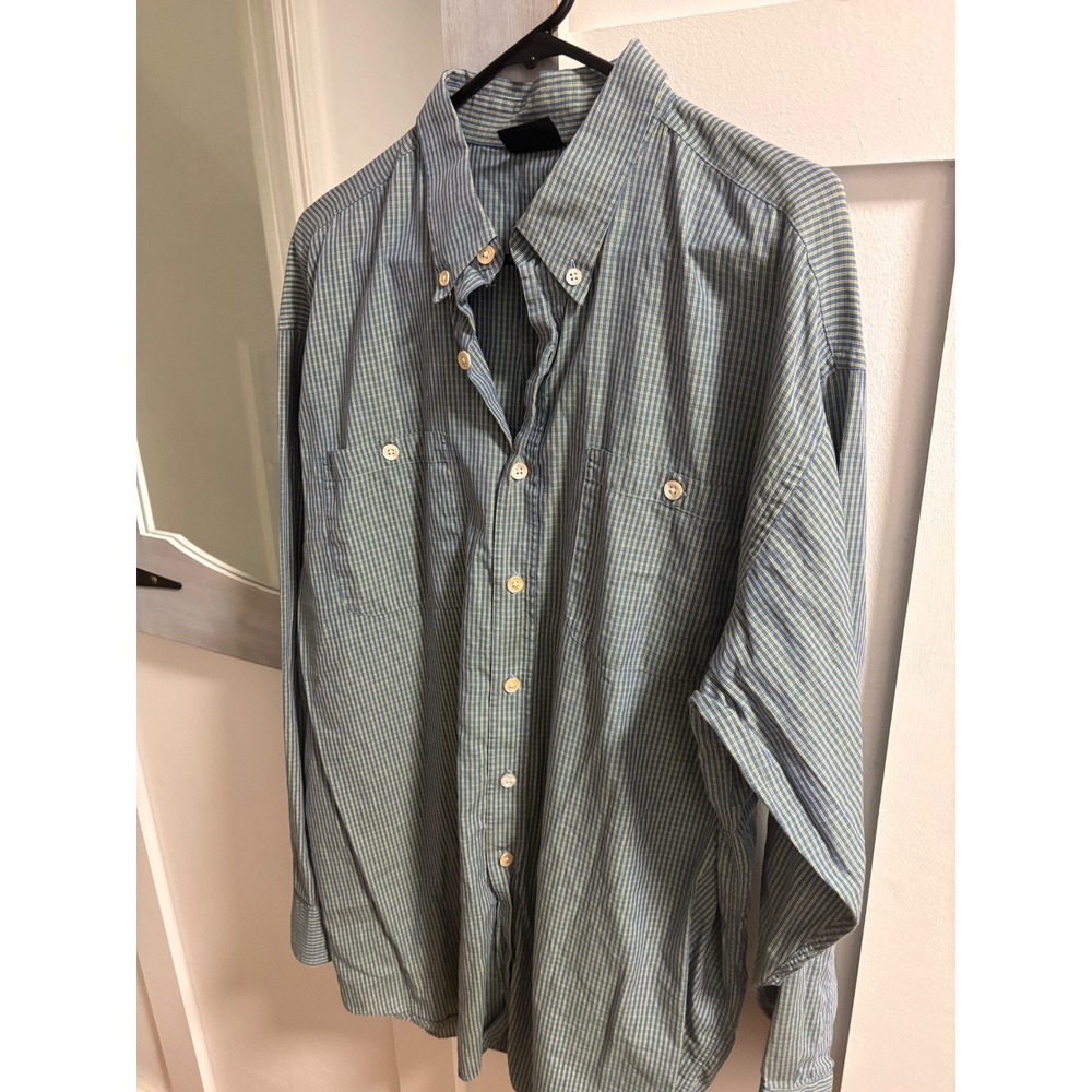 Hickey Freeman Sport Mens XL Plaid Button Down Shirt Blue Green Long Sleeve